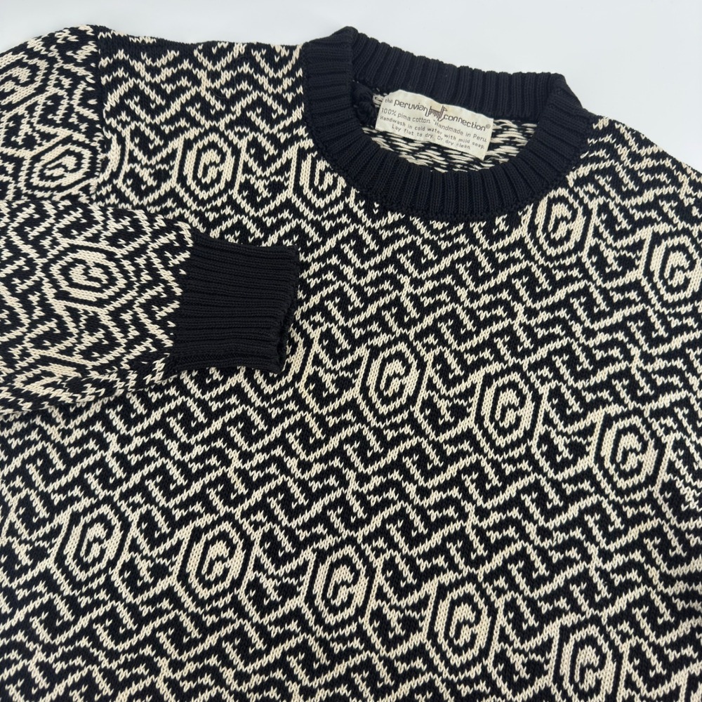 Peruvian Connection Black Cream Geometric Knit Sweater Pullover Crew Neck *Small